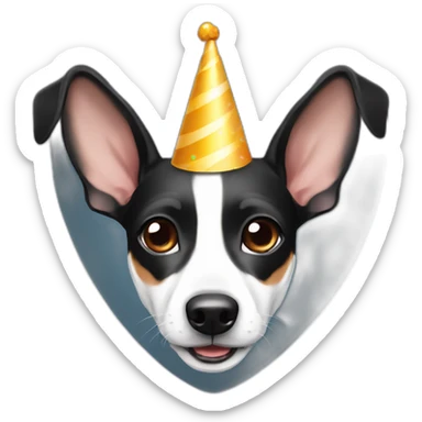 rat terrier colored black and white, no brown, wearing party hat sticker