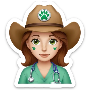 Pale Woman with brown hair and green eyes and freckles on her cheek bones wearing scrubs that have a paw print logo on only the scrubs  and a cow girl hat sticker