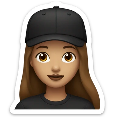 A beautiful woman wearing a black cap and black sweatshirt, big lips, brown straight long hair.  sticker