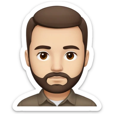 Close-up of René Monclova with light skin tone, round face, broad cheekbones. Lively dark brown eyes, thick straight eyebrows. Short messy brown hair with slight receding hairline. Untidy brown beard covering jaw. Wearing a dark collared shirt. sticker