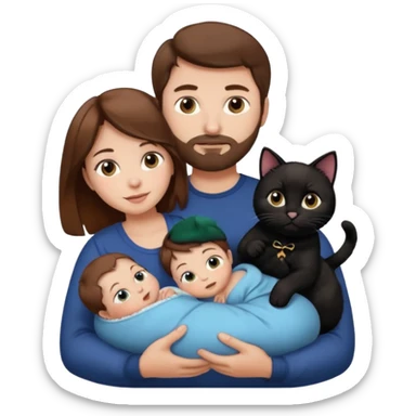 1 mom brown hair, 1 dad, 1 baby and 1 black cat sticker