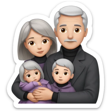 A father with silver-grey hair styled neatly and a clean-shaven face, wearing a dark turtleneck and wool coat, holding his girl child gently. The child has light brown hair and a soft white dress. Warm cinematic lighting, emotional close-up. sticker