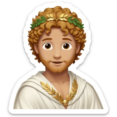 Cinematic Realistic Hercules Portrait, head tilted playfully and inquisitively, showcasing a blend of legendary power and youthful charm with the refined features of Michelangelo's David. His light tan, sculpted skin and thick, curly, golden brown hair—styled with wild majesty—evoke the spirit of the lion-wrestling Hercules. Clad in a softly draped white robe with subtle golden details and adorned with a Greek laurel wreath, his expressive eyes and warm smile capture an approachable yet formidable hero, bathed in gentle natural lighting. sticker