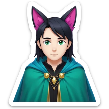 anime man with long-straight-dark-black hair, long black fox ears with pink Scapha, colorful-gradient-brown-turquoise eyes, gold earring, dark-blue-sweater, green cape, white pupils sticker