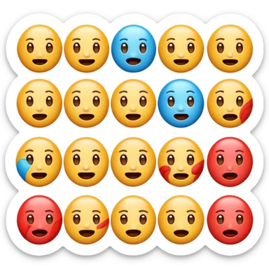 Generate a set of colorful, high-resolution emojis representing emotions like happiness, sadness, anger, love, surprise, and excitement. The emojis should have a glossy 3D style with smooth gradients, cute expressions, and clear facial features. Transparent background."
 sticker
