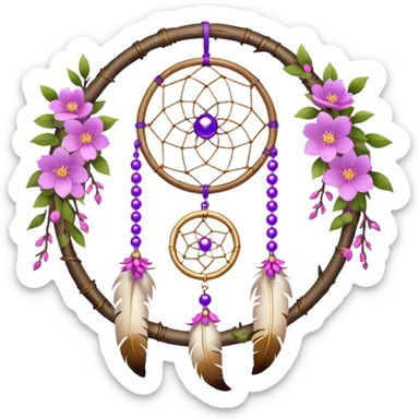 A white-birch-framed Dreamcatcher. with purple-round-orbs, gold-rings hanging down. purple flowers, pink sakura flowers, sticker