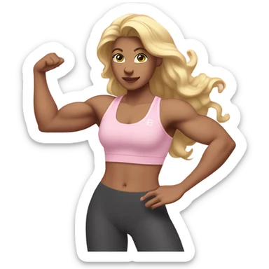 White woman, long hair, blonde hair, wavy hair, baby pink sports bra, baby pink leggings, flexing right arm sticker
