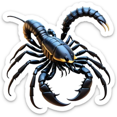 Cinematic Noble Emperor Scorpion Portrait Emoji, Poised and formidable, with a robust, armored build and a glossy, jet-black exoskeleton accented by striking, segmented pincers, deep-set piercing eyes, Simplified yet sharp and sophisticated features, highly detailed, glowing with a cool, dignified glow, high shine, intelligent and imposing, stylized with an air of ancient desert majesty, focused and attentive, soft glowing outline, capturing the essence of a watchful and commanding scorpion that feels as though it could silently creep out of the screen with effortless authority! sticker