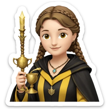 Helga Hufflepuff,the Hogwarts founder of Hufflepuff,brown-haired,2braids,yellow-black medieval dress with black cloak decorated with gold braiding,flickering magic wand and tiny two-handled shiny gold cup engraved with the badger silhouette,very kind smile,curvy busty sweet sticker