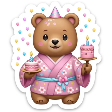 A cute light-brown bear wearing a pastel pink sakura-patterned kimono, normal balanced body ratio.  
Holding a small birthday cake with candles, smiling brightly with confetti and spark effects around.  
Kawaii emoji style, minimalistic clean sticker illustration, white background. sticker