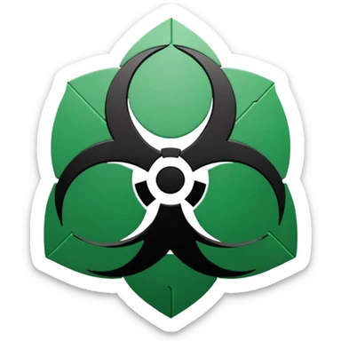Minimalist emoji-style sticker of a fractured biohazard symbol with a small eye in the center. Stylized, geometric, no text.
 sticker