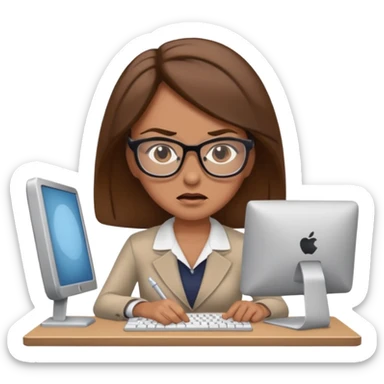 Uma mulher de cabelo castanho que é professora e um pouco brava a trabalhar no computador sem usar óculos sticker