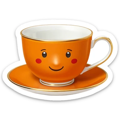 Hermès-style teacup with saucer, Hermès orange, gold trim, luxury, cute emoji style sticker