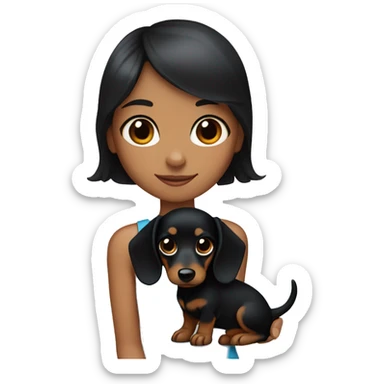 A black haired girl with blue eyes and a black and tan dachshund in her hand sticker