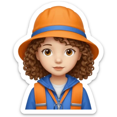 A little girl student curly brown hair, with beige bucket hat, orange jacket, blue backpack sticker