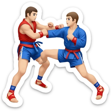 An icon symbolizing Sambo, featuring two fighters in blue and red kimonos with shorts and wrestling shoes. One executes a powerful throw, while the other attempts a defensive grab. The fighters are engaged in a grapple, using joint locks and sweeps.  sticker