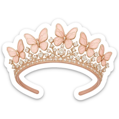 butterfly crown with a rose-pink base, butterflies in pastel pink enamel, sparkling gems, transparent background sticker