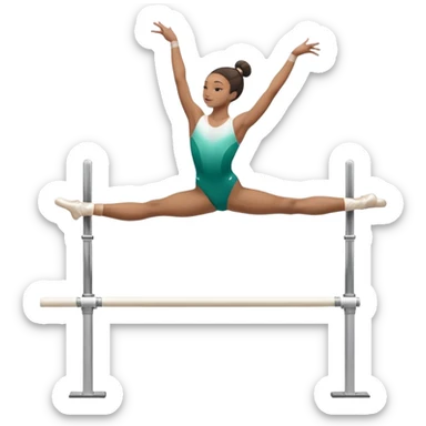Professional gymnast performing a complex routine on parallel bars, demonstrating strength, control, and perfect balance. The gymnast is mid-air, executing a powerful move with focused concentration. The background shows a brightly lit gymnasium with a cheering audience. sticker