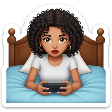 Brown-skinned teenage girl with curly black hair lying on bed looking at phone, heavy makeup, big lips, crop top, choni style sticker