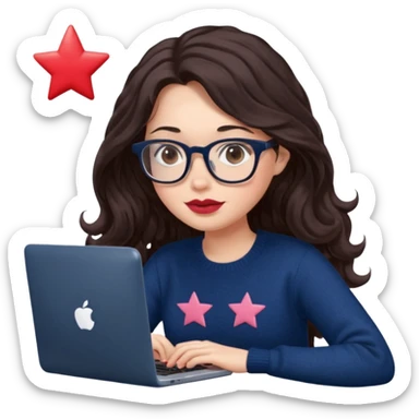 a white young woman with very long wavy dark brown/chocolate hair typing in a computer. she's using glasses, her lips are light red and her cheeks slightly pink. Her eyes are dark brown. She's using a dark blue knit sweater that has a tiny star in the middle   sticker
