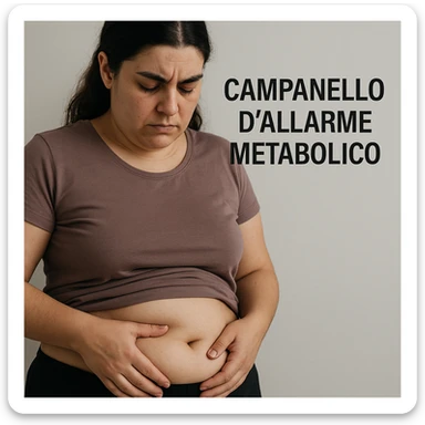 close-up of a woman with PCOS looking at her belly with one hand, visible fat accumulation, serious expression, neutral background, Italian text: 'Campanello d’allarme metabolico', 4K quality sticker