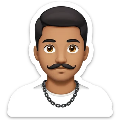 young man with mustache and chin beard, brown skin and black hair. sidepart haircut wears chains sticker