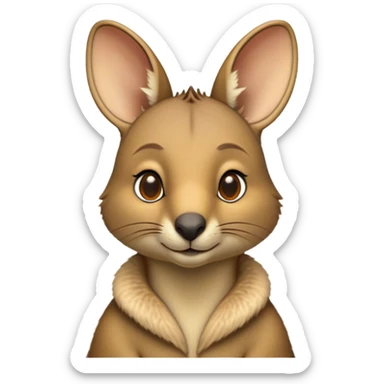 Cinematic Noble Wallaby Portrait Emoji, Poised and regal, with a compact, agile build and a soft, well-groomed fur of warm tan and light brown hues, deep-set soulful amber eyes and perky ears, Simplified yet sharp and sophisticated features, highly detailed, glowing with a soft, dignified glow, high shine, intelligent and spry, stylized with an air of bushland elegance, focused and attentive, soft glowing outline, capturing the essence of a watchful and confident marsupial, so majestic it feels as though it could hop out of the screen with effortless authority! sticker