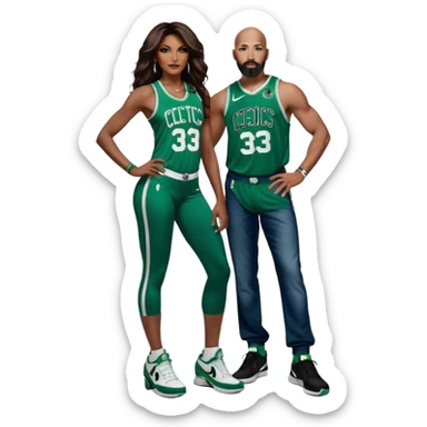 black woman and white man: 48-year-old black woman with brown eyes, long dark brown balayage hair dressed in sexy 
celtics jersey costume outfit and stilettos with bald white man with Ginger beard and blue eyes, in a Jason Tatum Boston Celtics Jersey, jeans and matching Nike sneakers  sticker