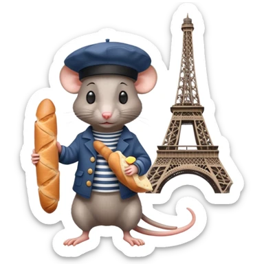 Rat wearing a beret and striped shirt holding a baguette with Eiffel Tower in background sticker