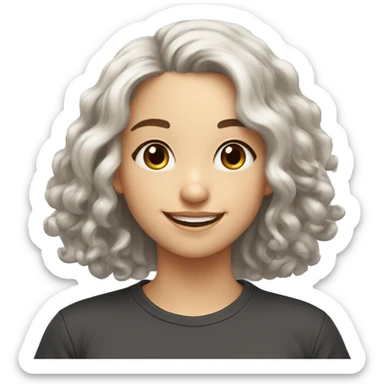 white cute smiling girl with black long curly hair and brown eyes in t shirt sticker