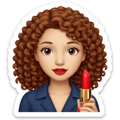 Ojos café claro, piel clara, cabello largo rizado color castaño sosteniendo un labial rojo sticker