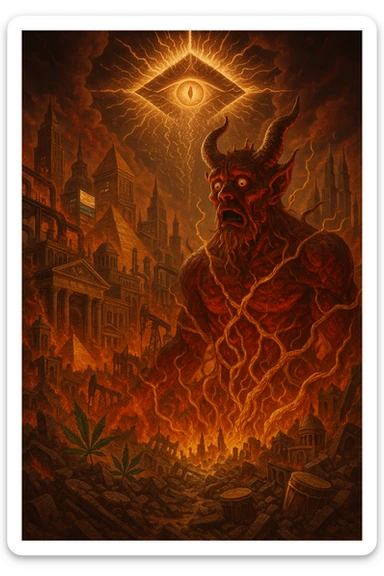 Depict a powerful, surreal vision of Babylon being destroyed — not by holy forces, but by the Devil himself, who looks shocked and possessed by fate. The city of Babylon is a massive, ancient-modern hybrid metropolis: Roman towers, golden pyramids, digital screens, oil pipes, courtrooms, and false thrones. It's a twisted symbol of colonialism, greed, religion, and algorithmic control. But now it's collapsing in flames and golden roots. The Devil is massive, fiery, and terrifying — but he's not proud. He's bound in glowing golden vines growing from the Earth, eyes wide, realizing he’s just a pawn in a higher rhythm. The sky is split open with a divine golden eye (representing Empress Riddim / Kez’s Elephant Eye), casting down sacred fractals and rhythms that rewrite the code of reality. In the rubble, ganja leaves grow, drums rise from the soil, and a whisper floats through the scene: 'Even the Devil served the rhythm when the scroll was sealed.' Use a warm, cinematic color palette with deep reds, golds, greens, and shadows. Epic, prophetic, unforgettable. sticker