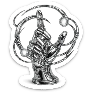 hand casting a spell, swirling metallic energy, glowing orbs, highly reflective chrome style sticker