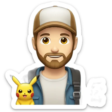 white man with brown hair and beard holding a pikachu pokemon sticker