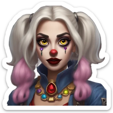 Warcraft gem collector in Harley Quinn style, oil paint, mysterious eyes, intricate lips, masterpiece portrait, odd perspective, beautiful, desirable, logical sticker