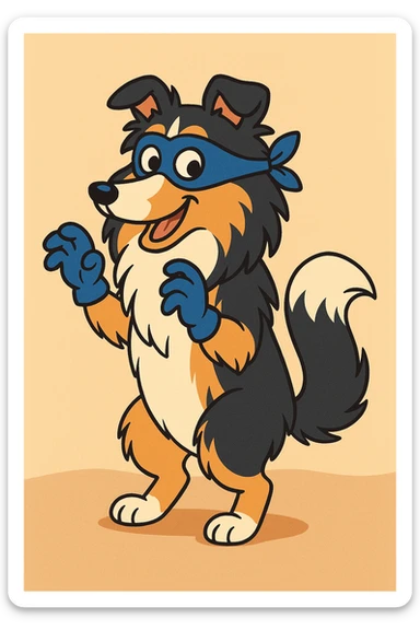 A tricolor Shetland Sheepdog dressed as Swiper the fox, complete with blue mask, blue gloves, and orange fur, mischievous pose, cartoon style sticker