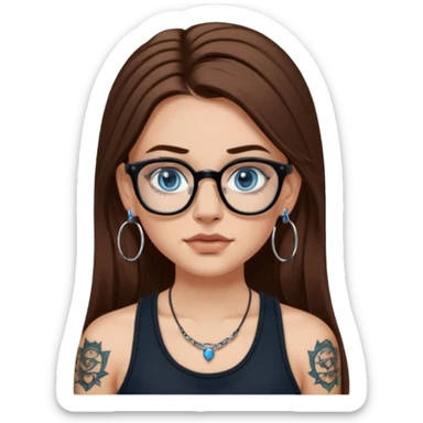 WHITE girl with long brown hair, part going more to the RIGHT side, BLUE eyes, wearing BLACK rectangle plastic frame glasses. SEPTUM nose piercing hoop (at bottom of nose) AND stud nose piercing on right side of nose. Wearing BLACK tank top. Arm tattoos. Hoop earrings sticker