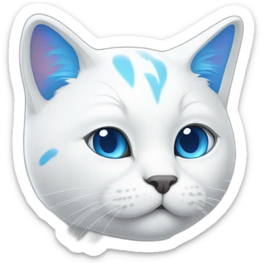 white cartoon cat with a blue right ear, with a blue spot around the right eye, and the left side is white sticker