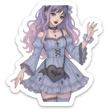 gothic K-pop girl, dreamy pastel goth style, soft colors with gothic details, whimsical pose, cute accessories sticker