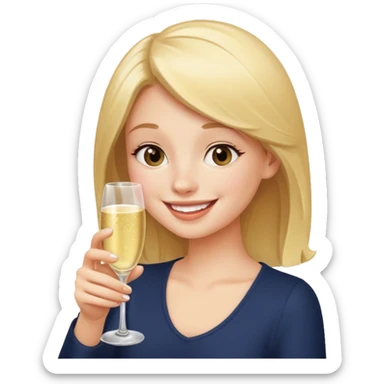 A shy young woman gently takes her first small sip of champagne, smiling with excitement. sticker