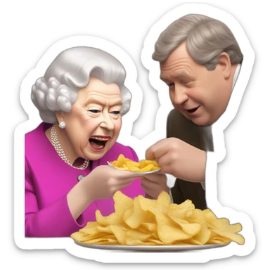 Queen Elizabeth II eating chips and gravy with Russell grant sticker