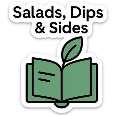 Add the title 'Salads, Dips & Sides' in a clean, modern font above the green minimalist logo with leaf and book icon on the cookbook background. Keep the text readable and harmonious with the design. sticker