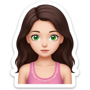 super long haired brunette with middle part cute pink lacy tank white but tan green eyes hairflip sticker