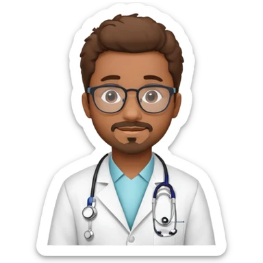 Alfredo should be a brown skin doctor, wearing a white coat and his name Alfredo on the lab coat.. He should also have a stethoscope around his neck. Show  alfredo as a cartoon like image, an avatar. add some great hair and glasses. Also,  give him a goatee. sticker
