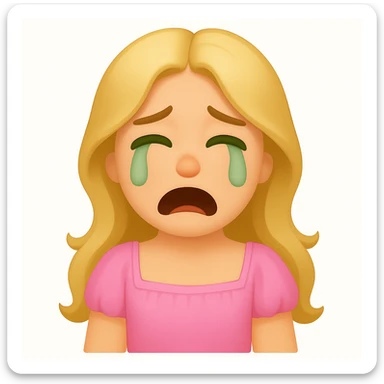 Edit the image to depict a long-haired blonde with swamp eyes wearing a pink pastel dress, in the style of iOS emoji. Match all features from the reference image but change the emotion to crying. sticker