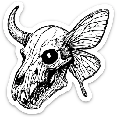 detailed red line art of nightmarish minotaur-stoat hybrid skull with fractured horn and sinister glowing eye, detailed deteriorating moth wings, extensive weathering with deliberately missing pieces, scratched surfaces, and worn edges, twisted asymmetrical features, complex textures, some hollow/transparent sections, 100% red horror imagery sticker