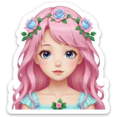 Gorgeous pastel anime style lady with blushing face and roses cottagecore fairycore pastelcore shiny colorful pearly aesthetic trending style sticker