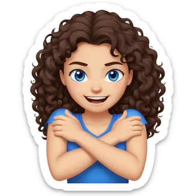 arms crossed around neck angry laughing girl with long dark brown curly hair and blue eyes sticker