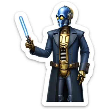 tarnished undercover tough well-equipped Jedi  life-sized darkblue-pearl C3po as a friendly droid wearing a leather clothing old west duster coat holding light saber  sticker
