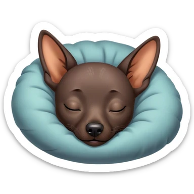Meme-Worthy Cute Sleeping Xoloitzcuintle dog Portrait Emoji, Head resting peacefully with a contented smile, showcasing a sleek, muscular build with smooth, hairless ebony skin and gently relaxed wrinkles, eyes shut in a serene nap, Simplified yet hilariously adorable features, highly detailed, glowing with a soft, drowsy light, high shine, relaxed and utterly lovable, stylized with an air of playful laziness, bright and heartwarming, soft glowing outline, capturing the essence of a comically sleepy guardian, so meme-worthy it feels like it could instantly become the next viral sensation of adorable slumber! sticker